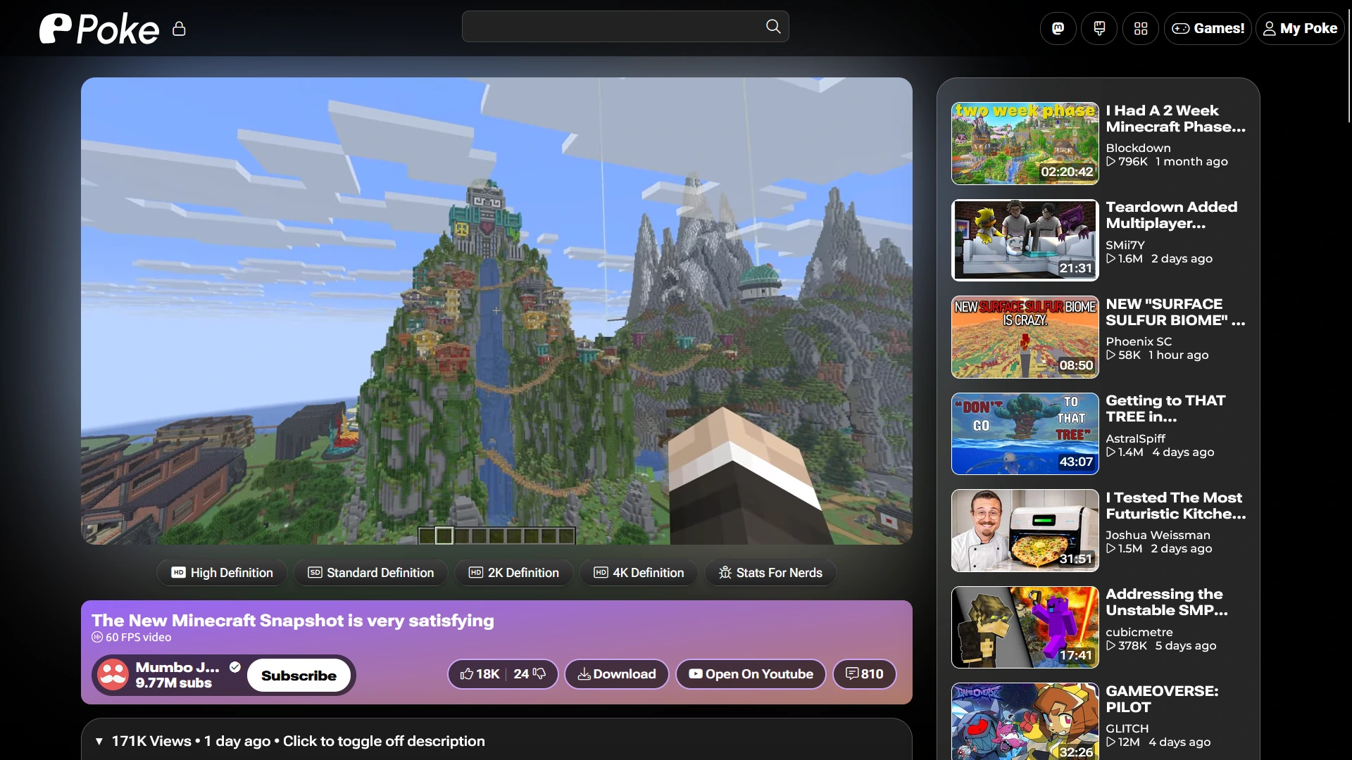 A screenshot of a video streaming interface titled 'Poke' showing a Minecraft gameplay video. The main display depicts an intricately built mountain base with a central waterfall in Minecraft, viewed from a first-person perspective. The channel name below the video is 'Mumbo Jumbo' and the video title reads 'The New Minecraft Snapshot is very satisfying'. A sidebar on the right displays a list of related video thumbnails and titles from various other creators.
