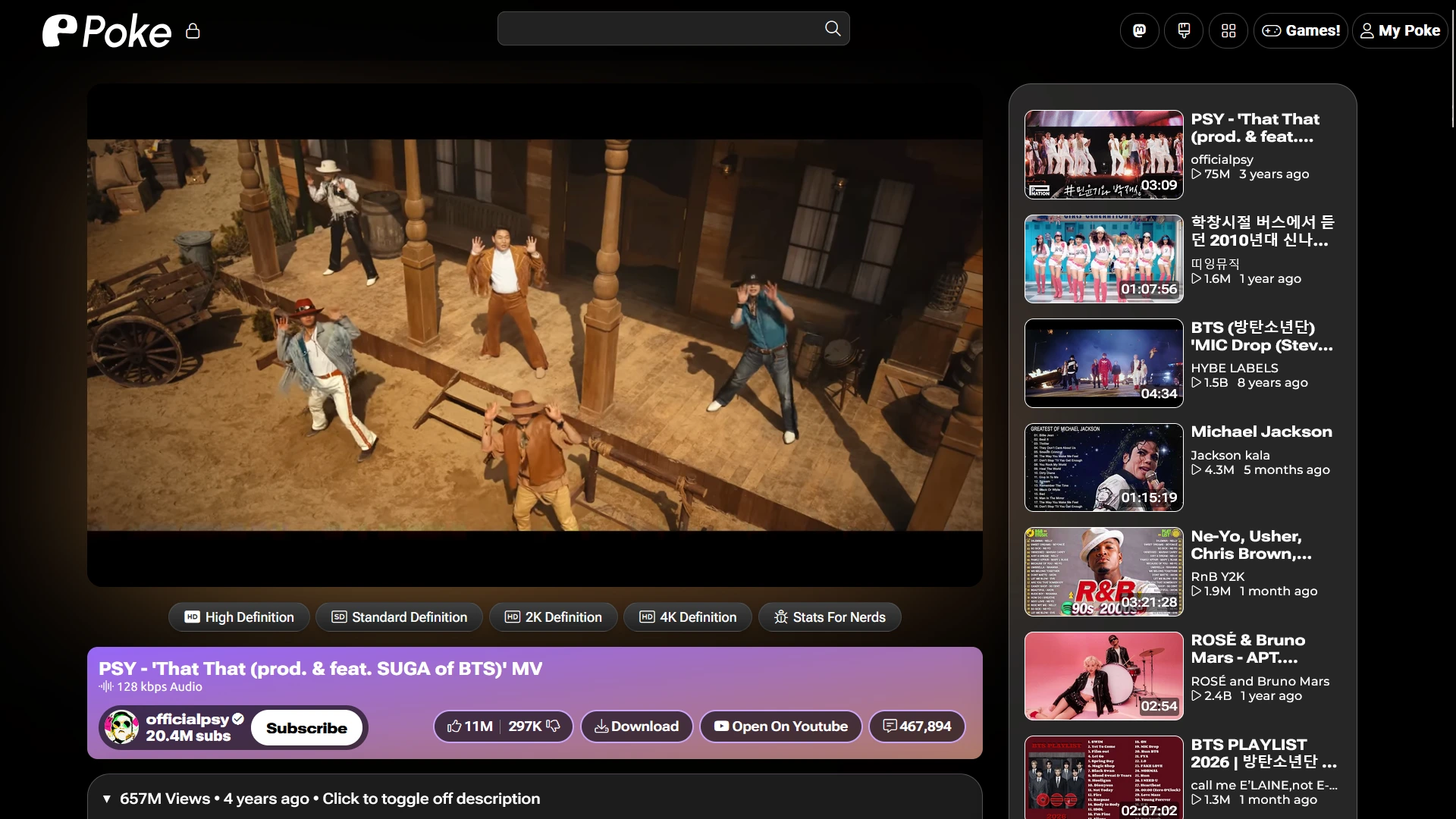 A screenshot of a video streaming interface titled 'Poke' showing the music video for 'That That' by PSY. The main display depicts performers wearing Western-style cowboy outfits dancing in a wooden, saloon-like setting. The channel name below the video is 'officialpsy' and the video title reads 'PSY - 'That That (prod. & feat. SUGA of BTS)' MV'. A sidebar on the right displays a list of related music video thumbnails and titles from various artists.